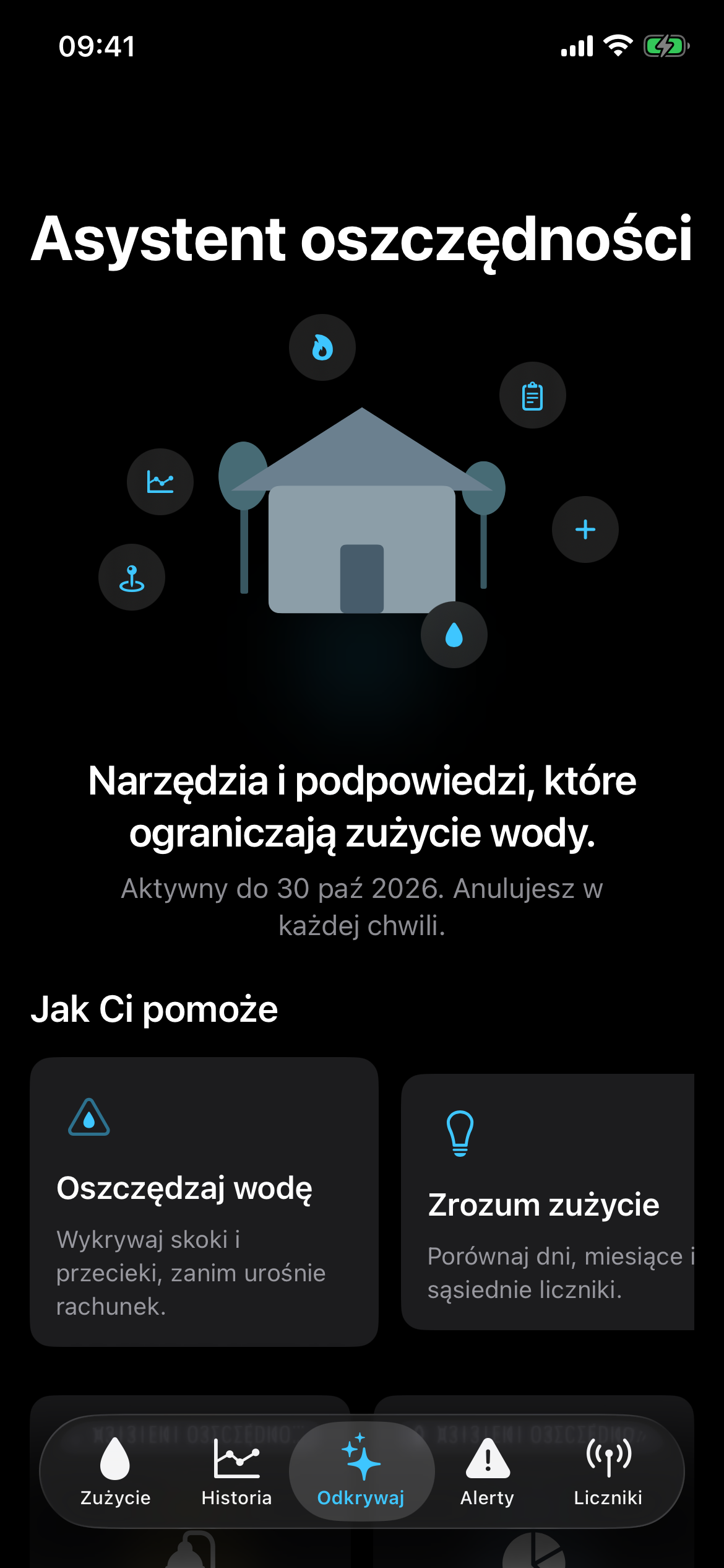 Ekran Asystent oszczędności w aplikacji wodomierz+: zrozum zużycie i porównaj dni oraz miesiące